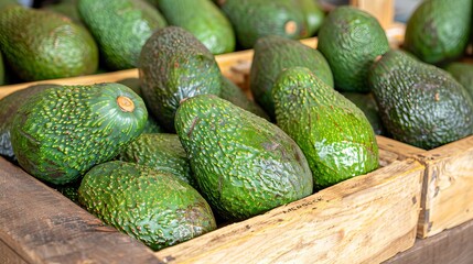 Wall Mural - Ripe avocados in wooden crates with fresh fruits at local market for vibrant produce concept