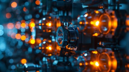 Poster - a complex quantum computing array with glowing orange circuits and components, illuminated in a dark