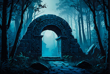  vector arA mysterious stone archway hidden amidst the trees of a mystical forest, its ancient runes glowing faintly in the eerie blue light of the fog vector art illustration generative AI image.