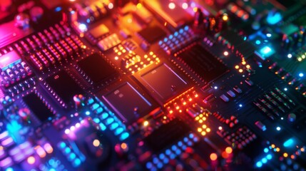 Poster - A detailed close-up view of a computer chip showcasing intricate circuitry and components, Quantum Computers concept