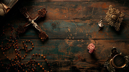 Wall Mural - cross on old wood background.