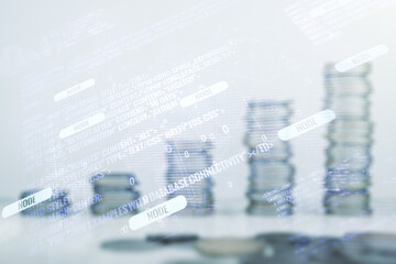 Aufkleber - Multi exposure of abstract creative coding sketch and world map on stacks of coins background, artificial intelligence and neural networks concept