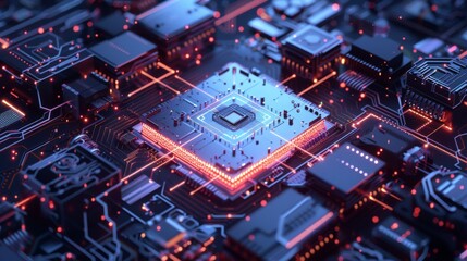 Poster - A computer circuit board is shown with various components lit up in vibrant red and blue lights, indicating electrical activity, quantum computers