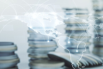 Aufkleber - Double exposure of abstract digital world map hologram with connections on growing coins stacks background, big data and blockchain concept
