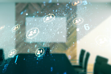 Aufkleber - Double exposure of social network icons hologram and world map on a modern meeting room background. Marketing and promotion concept