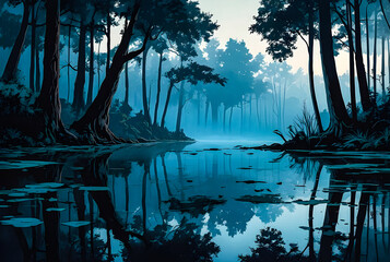 A tranquil pond nestled among the trees of a mystical forest, its surface reflecting the surreal blue fog enveloping the landscape vector art illustraion generative ai image.
