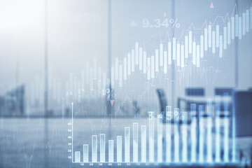 Aufkleber - Abstract virtual financial graph hologram on a modern furnished classroom background, financial and trading concept. Multiexposure