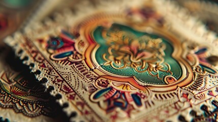 Poster - A close-up of a rare, ornate stamp reveals vivid colors and intricate details, captivating collectors.