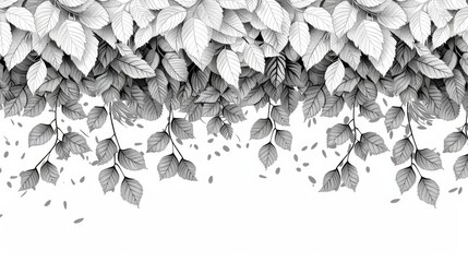  A monochrome image of a tree branch against a white backdrop, adorned with gray-scaled leaves cascading to its sides Additionally, a line drawing of leaves in