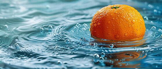 Wall Mural - Bright Orange Citrus Splashing into Water, Highlighting Freshness with Dynamic Droplets and Bubbles