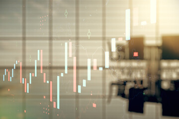 Poster - Abstract virtual financial graph hologram on a modern conference room background, forex and investment concept. Multiexposure