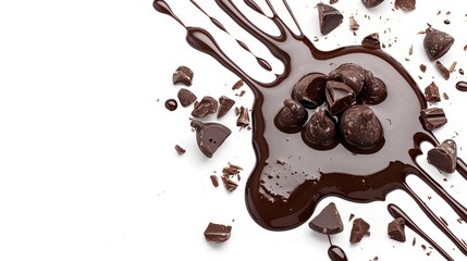 Wall Mural -  A pile of chocolate chips atop a pool of melted chocolate on a white surface Chocolate chips crown the heap, while melted ones mingle below