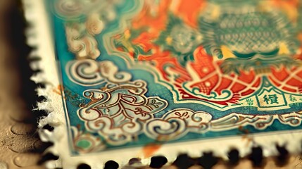 Poster - A close-up of a rare, ornate stamp captures intricate details and vibrant colors, epitomizing historical artistry.