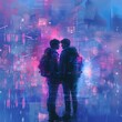 © kornc - Embracing Diversity in a Futuristic World - Male LGBTIQA+ Couple in Holographic Embrace against Sci-Fi Cityscape in Blue and Pink Tones, LGBTQ+ Love Concept