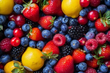 Poster - Many different fruits that are grouped together together. Food background.