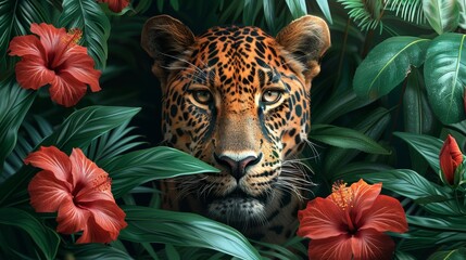 Wall Mural - Illustration of a panther sitting among hibiscus flowers and a green vine frame