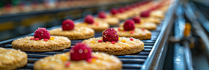 Wall Mural - A conveyor belt is filled with cookies and raspberries