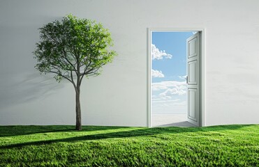 Wall Mural - Open door leading to an empty room with grass and blue sky outside 