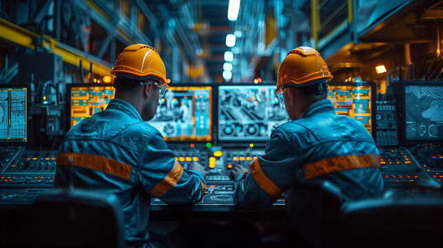 Two male engineers in uniform and safety helmets working at a control panel with digital screens displaying machinery settings in a high-tech factory interior with a cool blue color scheme