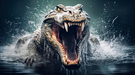 Wall Mural - An alligator bares its teeth in a powerful display, showcasing its dominance. The sharp teeth glisten, capturing the primal essence of this magnificent reptile.