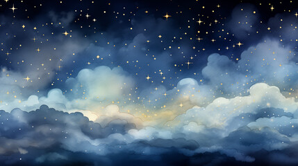 Wall Mural - Blue night starry sky with white grey fluffy clouds watercolor illustration background image. 16:9