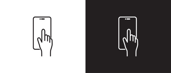 Finger and smartphone gesture icon, Outline style finger tuching and scrolling smartphone icons, Tapping the screen icon vector in black and white background. Editable stroke, Eps10. 