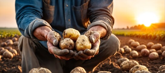 Wall Mural - Hands with potatoes against field. Autumn harvesting vegetables