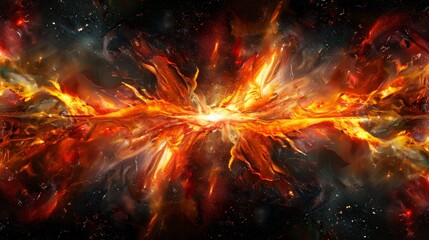 Wall Mural -  An image of a central, exploding orange-red object amidst a star-filled space with dust against a backdrop of black, dominated by hues of red, yellow, and orange