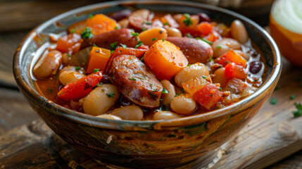 Wall Mural - Traditional czech bean stew with sausage, vegetables, and herbs served in a rustic bowl, bathed in natural light