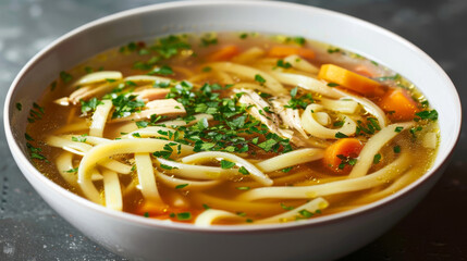 Wall Mural - Homemade czech chicken soup with noodles, carrots, and herbs, representing comforting home-cooked meals