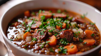 Wall Mural - Satisfying czech lentil soup with sausage and veggies, topped with fresh parsley, ideal for a cozy dinner