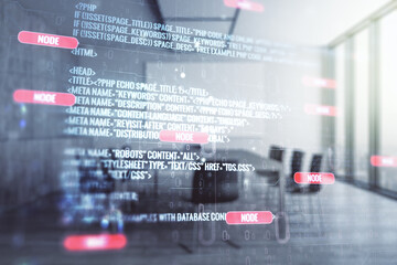 Aufkleber - Abstract virtual coding concept on a modern conference room background. Multiexposure