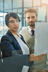 Poster - Collaboration, glass and planning with corporate people in office together for brainstorm or discussion. Business, coaching or management with mentor and employee at workplace for upskill training