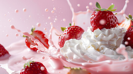 Wall Mural - Strawberries with cream in milk splash on isolated pink background