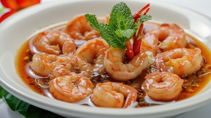 Wall Mural - Shrimps in Fish Sauce ontop Spicy Sauce Seafood chili hot and spicy dish Thai food . Generative Ai