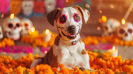 Wall Mural - Dog with colorful sugar skull face paint. Canine with festive Day of the Dead mask. Concept of celebration, Halloween, cultural tradition, pet costume, Dia de los Muertos makeup, celebration