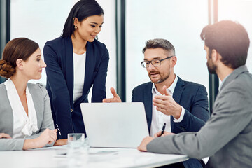 Aufkleber - Laptop, meeting and business people in office for collaboration on financial budget planning for company. Discussion, teamwork and group of finance advisors with computer for investment research.