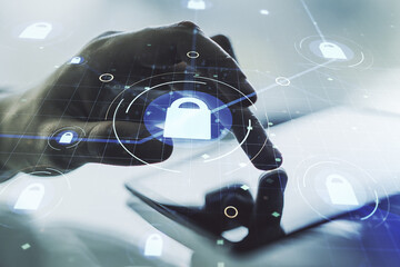 Poster - Creative idea concept with lock symbol and microcircuit illustration and with finger clicks on a digital tablet on background. Protection and firewall concept. Multiexposure