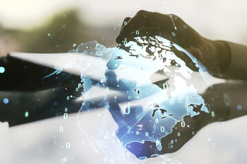 Poster - Abstract creative coding illustration with world map and finger clicks on a digital tablet on background, international software development concept. Multiexposure