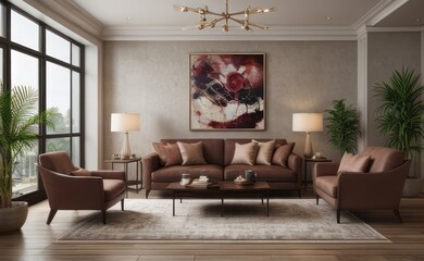 Sophisticated professional photograph of a burgundy and rose gold luxury living room interior with abstract art and indoor palm trees