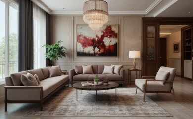 Sophisticated professional photograph of a burgundy and rose gold luxury living room interior with abstract art and indoor palm trees