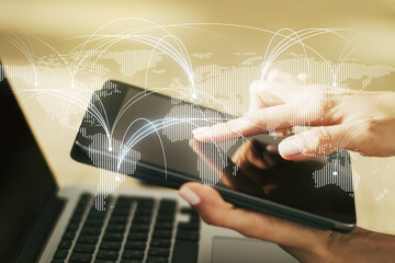 Aufkleber - Double exposure of abstract digital world map with connections and finger clicks on a digital tablet on background, research and strategy concept
