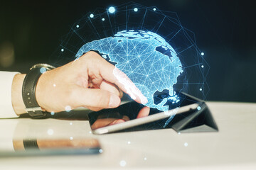 Poster - Double exposure of graphic America map and hand working with a digital tablet on background, big data and digital technology concept