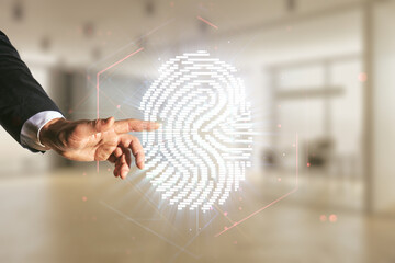 Aufkleber - Double exposure of male hand working with virtual creative fingerprint hologram on blurred office background, protection of personal information concept