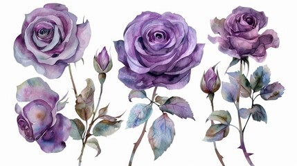 Wall Mural - Set of beautiful purple roses watercolor isolated on white background