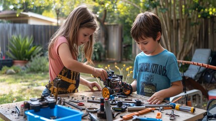 Poster - Two kids collaborate to build a small robot from spare parts, tools and components scattered around them.