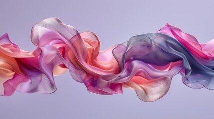 Wall Mural -  A pink, purple, and blue scarf flutters in the wind against a deep purple background Behind it, a light blue sky stretches