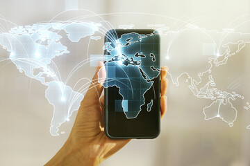 Aufkleber - Abstract graphic digital world map with connections and hand with mobile phone on background, globalization concept. Multiexposure