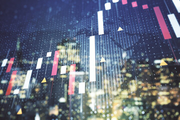 Poster - Abstract creative financial graph interface and world map on blurry skyline background, forex and investment concept. Multiexposure