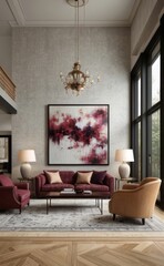 Sophisticated professional photograph of a burgundy and rose gold luxury living room interior with abstract art and indoor palm trees